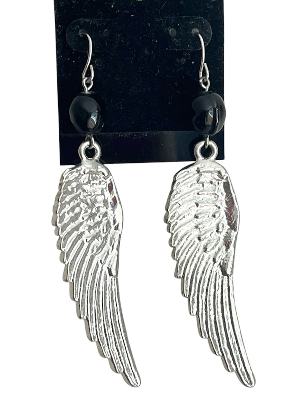 Angel Wing Dangle Earrings Silver Tone Black Bead Fashion Jewelry 3.25in